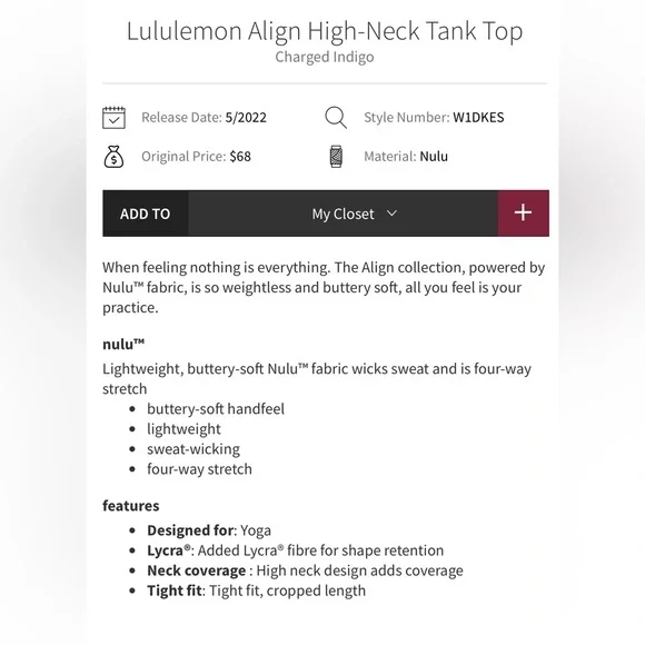 Lululemon Align High Neck Tank Top size 8 Charged Indigo purple bra support Nulu - Picture 3 of 3